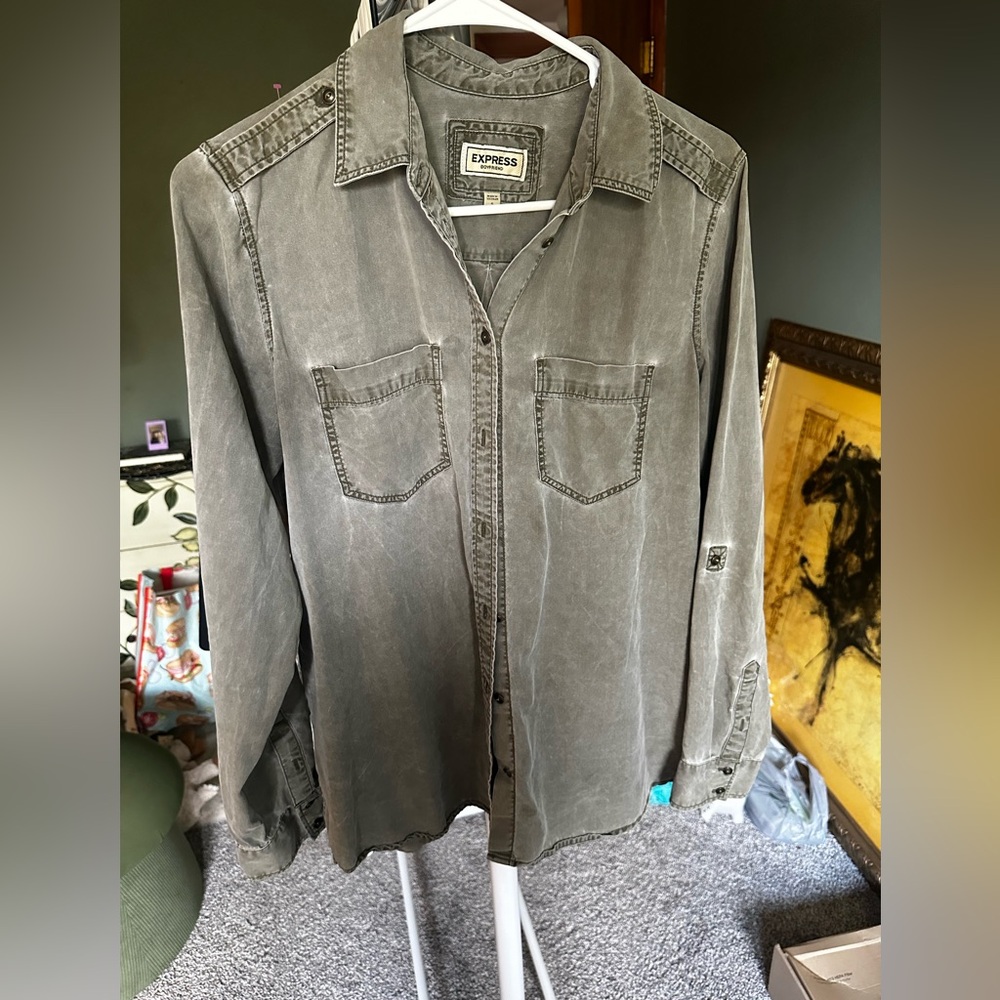 Express womens Casual Washed Olive Shirt